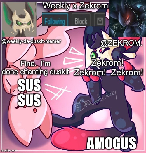 Sus | SUS SUS; AMOGUS | image tagged in weekly x zekrom announcement temp | made w/ Imgflip meme maker