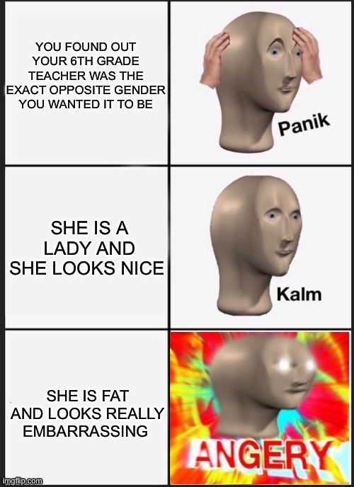Back to school special | YOU FOUND OUT YOUR 6TH GRADE TEACHER WAS THE EXACT OPPOSITE GENDER YOU WANTED IT TO BE; SHE IS A LADY AND SHE LOOKS NICE; SHE IS FAT AND LOOKS REALLY EMBARRASSING | image tagged in panik kalm angery,back to school,unexpected | made w/ Imgflip meme maker