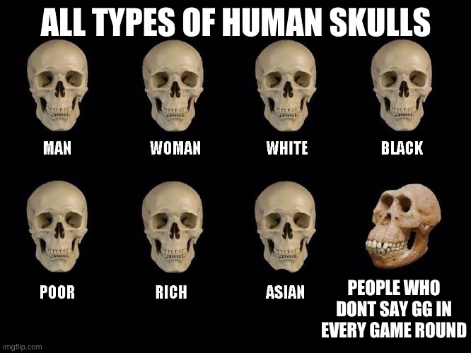 empty skulls of truth | ALL TYPES OF HUMAN SKULLS; PEOPLE WHO DONT SAY GG IN EVERY GAME ROUND | image tagged in empty skulls of truth | made w/ Imgflip meme maker