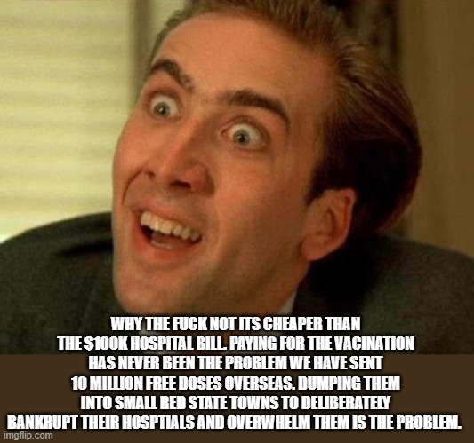 Nicolas cage | WHY THE FUCK NOT ITS CHEAPER THAN THE $100K HOSPITAL BILL. PAYING FOR THE VACINATION HAS NEVER BEEN THE PROBLEM WE HAVE SENT 10 MILLION FREE | image tagged in nicolas cage | made w/ Imgflip meme maker