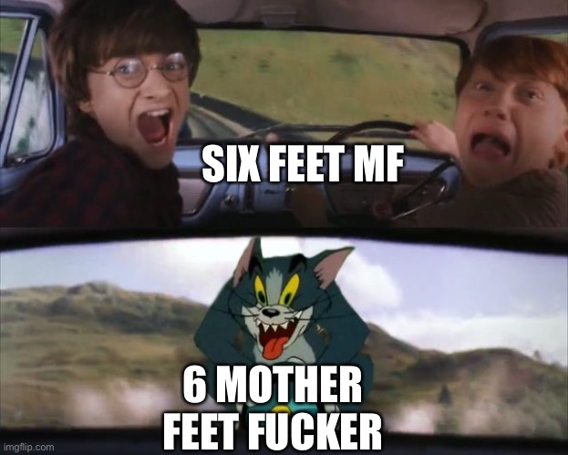 Tom chasing Harry and Ron Weasly | SIX FEET MF 6 MOTHER FEET FUCKER | image tagged in tom chasing harry and ron weasly | made w/ Imgflip meme maker