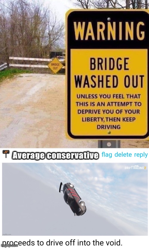Give me Liberty or give me Death!…: Why not both? | Average conservative | image tagged in warning bridge washed out,proceeds to drive off into the void | made w/ Imgflip meme maker