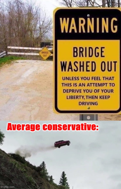 Give me Liberty or give me Death!…: Why not both? | Average conservative: | image tagged in warning bridge washed out,car driving off cliff,covidiots,covid-19,coronavirus,conservative logic | made w/ Imgflip meme maker