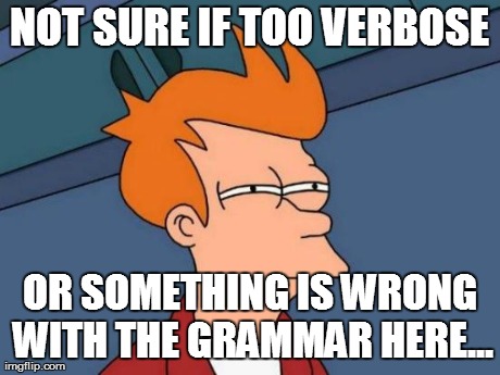 Futurama Fry Meme | NOT SURE IF TOO VERBOSE OR SOMETHING IS WRONG WITH THE GRAMMAR HERE... | image tagged in memes,futurama fry | made w/ Imgflip meme maker