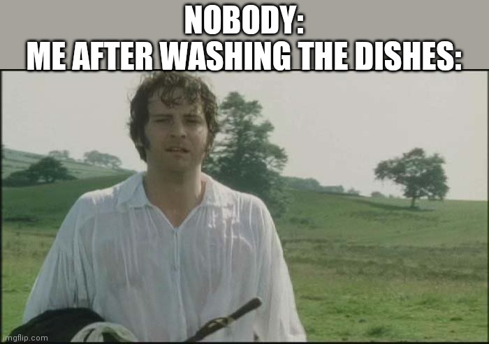 Darcy Wet Shirt | NOBODY:

ME AFTER WASHING THE DISHES: | image tagged in darcy wet shirt,after washing dishes,wet shirt | made w/ Imgflip meme maker