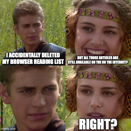 Deleting thousands of links by accident | I ACCIDENTALLY DELETED MY BROWSER READING LIST; BUT ALL THOSE ARTICLES ARE STILL AVAILABLE ON THE ON THE INTERNET? RIGHT? | image tagged in anakin padme 4 panel | made w/ Imgflip meme maker