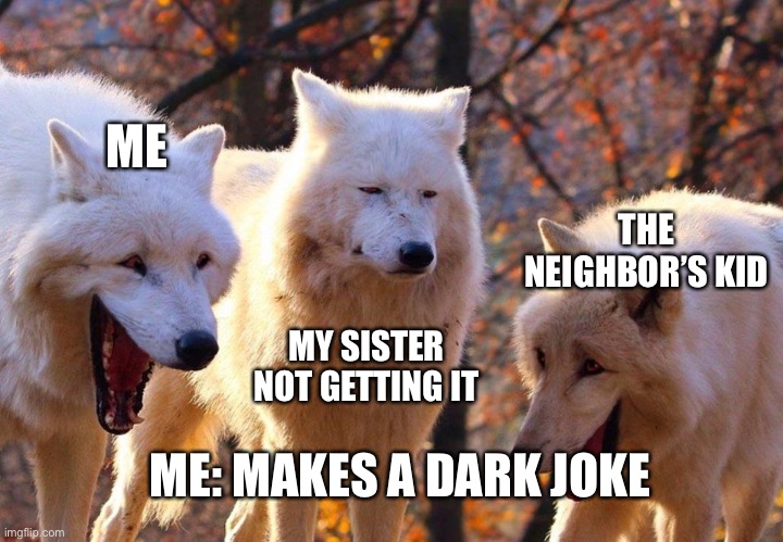 2/3 wolves laugh |  ME; THE NEIGHBOR’S KID; MY SISTER NOT GETTING IT; ME: MAKES A DARK JOKE | image tagged in 2/3 wolves laugh | made w/ Imgflip meme maker