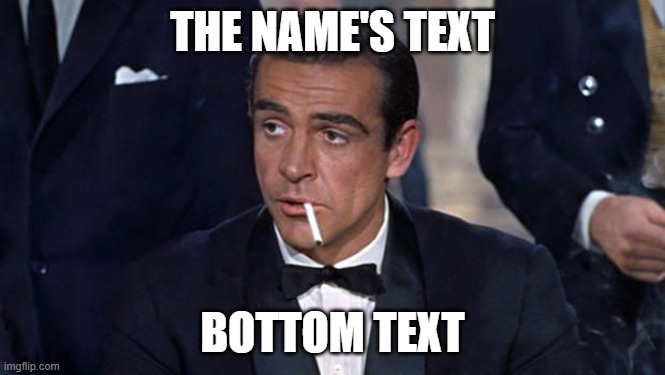 Bottom Text | THE NAME'S TEXT; BOTTOM TEXT | image tagged in james bond | made w/ Imgflip meme maker