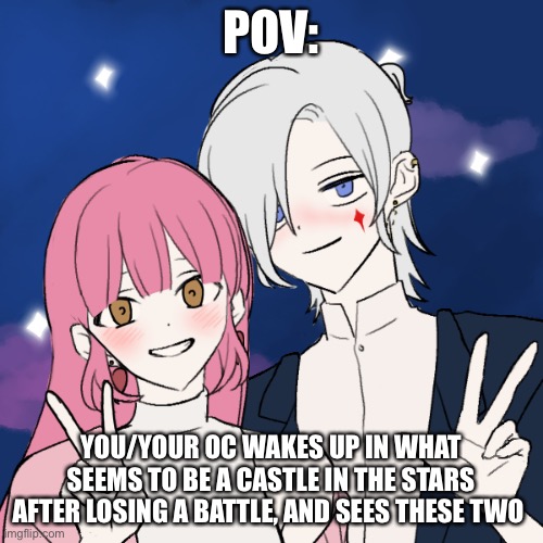 No op ocs please | POV:; YOU/YOUR OC WAKES UP IN WHAT SEEMS TO BE A CASTLE IN THE STARS AFTER LOSING A BATTLE, AND SEES THESE TWO | made w/ Imgflip meme maker