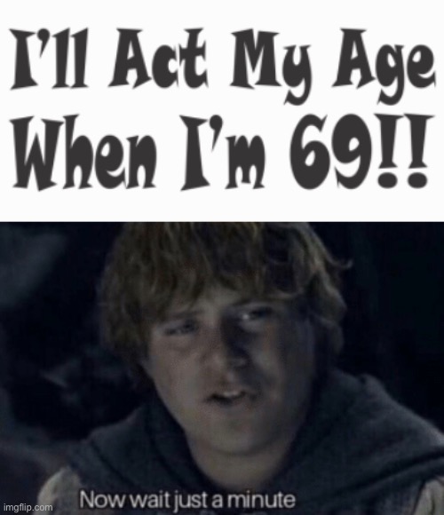 wait a minute- | image tagged in samwise now wait just a minute,69,act your age | made w/ Imgflip meme maker