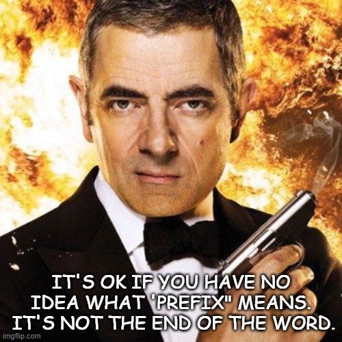 Daily Bad Dad Joke August 12 2021 | IT'S OK IF YOU HAVE NO IDEA WHAT 'PREFIX" MEANS.  IT'S NOT THE END OF THE WORD. | image tagged in rowan atkinson --- johnny english | made w/ Imgflip meme maker