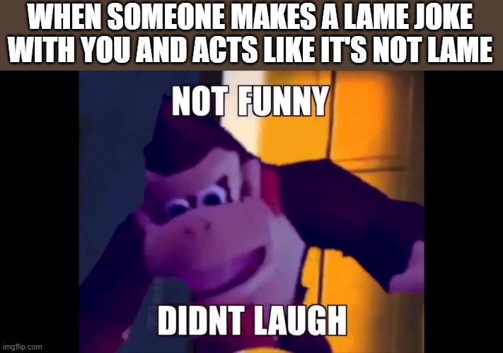 #Relatable | WHEN SOMEONE MAKES A LAME JOKE WITH YOU AND ACTS LIKE IT'S NOT LAME | image tagged in not funny didn't laugh,memes,relatable,not funny,this meme is not funny,because it's true | made w/ Imgflip meme maker