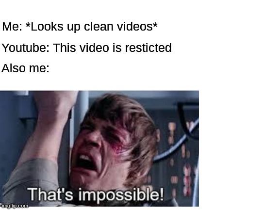 Because that's just wrong | Me: *Looks up clean videos*; Youtube: This video is resticted; Also me: | image tagged in youtube | made w/ Imgflip meme maker
