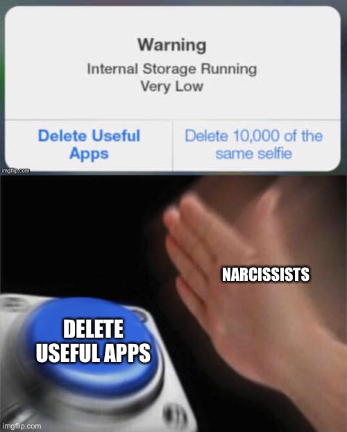 This is true lol | NARCISSISTS; DELETE USEFUL APPS | image tagged in blank nut button,funny,narcissist,selfies,notifications | made w/ Imgflip meme maker