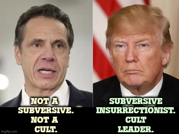 NOT A 
SUBVERSIVE.
NOT A 
CULT. SUBVERSIVE
INSURRECTIONIST.
CULT
LEADER. | image tagged in andrew cuomo,patriotism,donald trump,fascist | made w/ Imgflip meme maker