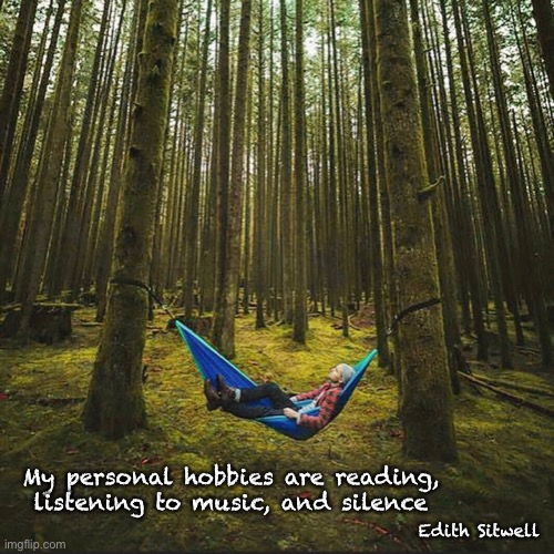 Have you tried it lately? | My personal hobbies are reading, listening to music, and silence; Edith Sitwell | image tagged in hammock,living,peace,be still,gods creation,ahhhh | made w/ Imgflip meme maker