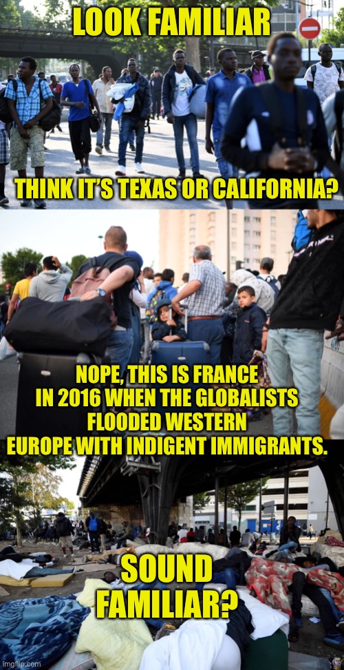 The Open Border is part of the globalist agenda | LOOK FAMILIAR; THINK IT’S TEXAS OR CALIFORNIA? NOPE, THIS IS FRANCE IN 2016 WHEN THE GLOBALISTS FLOODED WESTERN EUROPE WITH INDIGENT IMMIGRANTS. SOUND FAMILIAR? | image tagged in biden lies,biden traitor,benedict biden,progressive liars,leftist hypocrisy | made w/ Imgflip meme maker