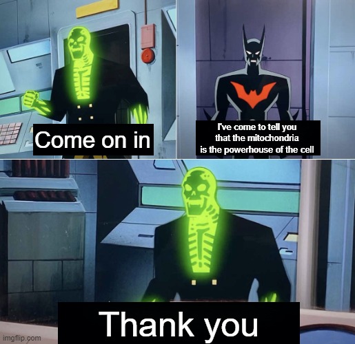 Do you have the slightest idea how little that narrows it down? | I've come to tell you that the mitochondria is the powerhouse of the cell; Come on in; Thank you | image tagged in do you have the slightest idea how little that narrows it down,batman,memes,funny,mitochondria,random | made w/ Imgflip meme maker