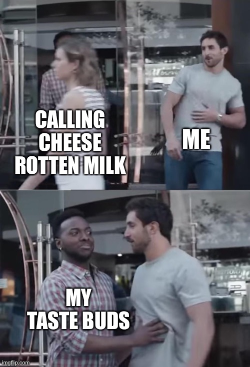Cheese s more than just rotten milk | ME; CALLING CHEESE ROTTEN MILK; MY TASTE BUDS | image tagged in bro not cool,milk,cheese | made w/ Imgflip meme maker