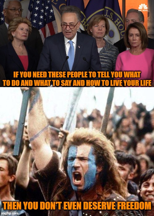 "Wear the mask -- get the vaccine -- do as you're told -- give us your money." | IF YOU NEED THESE PEOPLE TO TELL YOU WHAT TO DO AND WHAT TO SAY AND HOW TO LIVE YOUR LIFE; THEN YOU DON'T EVEN DESERVE FREEDOM | image tagged in democrat congressmen,braveheart freedom | made w/ Imgflip meme maker