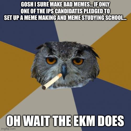 VOTE EKM | GOSH I SURE MAKE BAD MEMES… IF ONLY ONE OF THE IPS CANDIDATES PLEDGED TO SET UP A MEME MAKING AND MEME STUDYING SCHOOL…; OH WAIT THE EKM DOES | image tagged in memes,art student owl | made w/ Imgflip meme maker