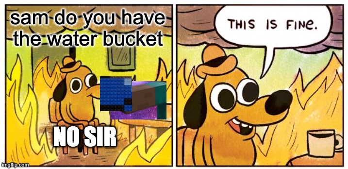 water fine | sam do you have the water bucket; NO SIR | image tagged in memes,this is fine | made w/ Imgflip meme maker