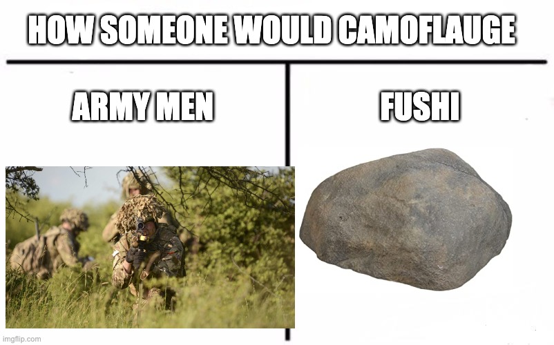 from to your eternity | HOW SOMEONE WOULD CAMOFLAUGE; ARMY MEN; FUSHI | image tagged in memes,who would win | made w/ Imgflip meme maker
