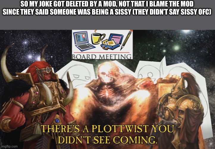 Iiaia | SO MY JOKE GOT DELETED BY A MOD, NOT THAT I BLAME THE MOD SINCE THEY SAID SOMEONE WAS BEING A SISSY (THEY DIDN’T SAY SISSY OFC) | image tagged in there s a plot twist you didn t see coming | made w/ Imgflip meme maker