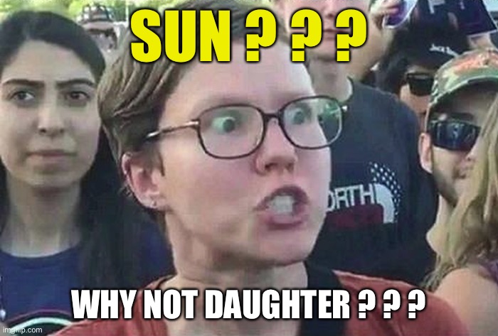 LOL | SUN ? ? ? WHY NOT DAUGHTER ? ? ? | image tagged in triggered liberal,sun,funny | made w/ Imgflip meme maker