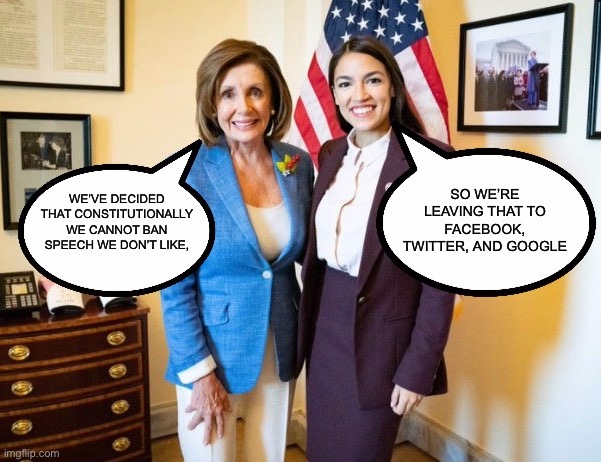 Ban of free speech | SO WE’RE LEAVING THAT TO FACEBOOK, TWITTER, AND GOOGLE; WE’VE DECIDED THAT CONSTITUTIONALLY WE CANNOT BAN SPEECH WE DON’T LIKE, | image tagged in nancy pelosi and aoc | made w/ Imgflip meme maker