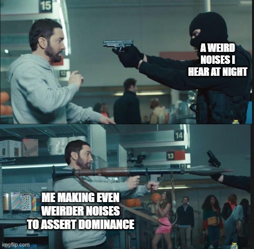 Weird noise off |  A WEIRD NOISES I HEAR AT NIGHT; ME MAKING EVEN WEIRDER NOISES TO ASSERT DOMINANCE | image tagged in eminem rocket launcher | made w/ Imgflip meme maker