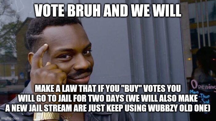 Vote BRUH we are the best option | VOTE BRUH AND WE WILL; MAKE A LAW THAT IF YOU "BUY" VOTES YOU WILL GO TO JAIL FOR TWO DAYS (WE WILL ALSO MAKE A NEW JAIL STREAM ARE JUST KEEP USING WUBBZY OLD ONE) | image tagged in memes,roll safe think about it | made w/ Imgflip meme maker