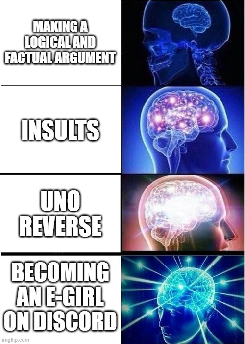 How to REALLY win arguments, one step at a time! | MAKING A LOGICAL AND FACTUAL ARGUMENT; INSULTS; UNO REVERSE; BECOMING AN E-GIRL ON DISCORD | image tagged in memes,expanding brain | made w/ Imgflip meme maker