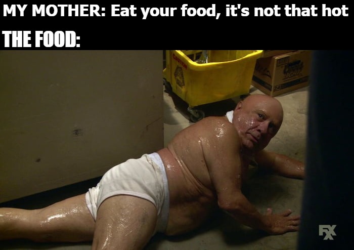 MY MOTHER: Eat your food, it's not that hot; THE FOOD: | image tagged in devito | made w/ Imgflip meme maker