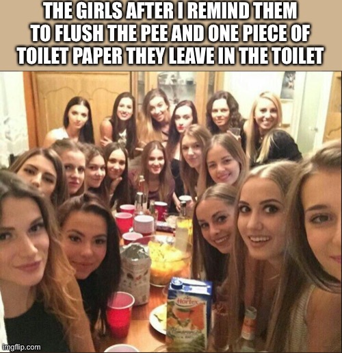Interested Girl Group | THE GIRLS AFTER I REMIND THEM TO FLUSH THE PEE AND ONE PIECE OF TOILET PAPER THEY LEAVE IN THE TOILET | image tagged in interested girl group,memes,really,funny,funny memes | made w/ Imgflip meme maker