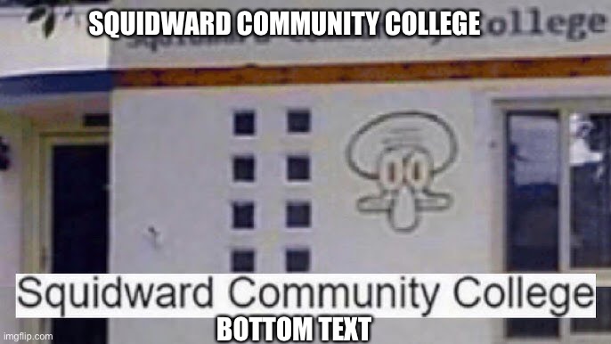 Squidward community college | SQUIDWARD COMMUNITY COLLEGE; BOTTOM TEXT | image tagged in squidward | made w/ Imgflip meme maker