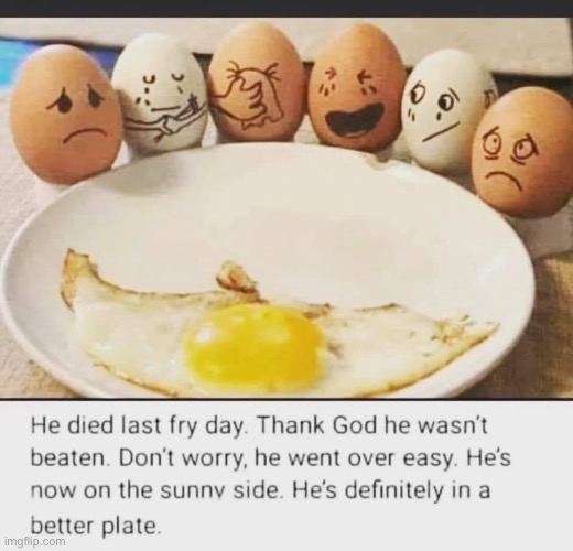 Alas poor Eggie (a punny repost) | image tagged in egg,fried,friday,dead,food | made w/ Imgflip meme maker
