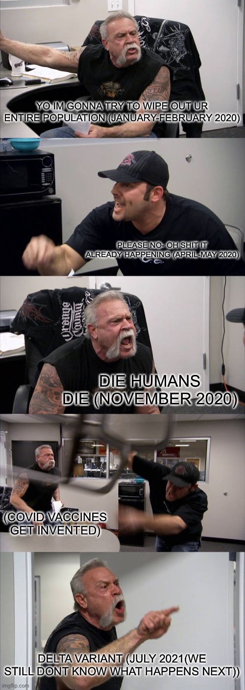 Coronavirus history | YO IM GONNA TRY TO WIPE OUT UR ENTIRE POPULATION (JANUARY-FEBRUARY 2020); PLEASE NO- OH SHIT IT ALREADY HAPPENING (APRIL-MAY 2020); DIE HUMANS DIE (NOVEMBER 2020); (COVID VACCINES GET INVENTED); DELTA VARIANT (JULY 2021(WE STILL DONT KNOW WHAT HAPPENS NEXT)) | image tagged in memes,american chopper argument | made w/ Imgflip meme maker