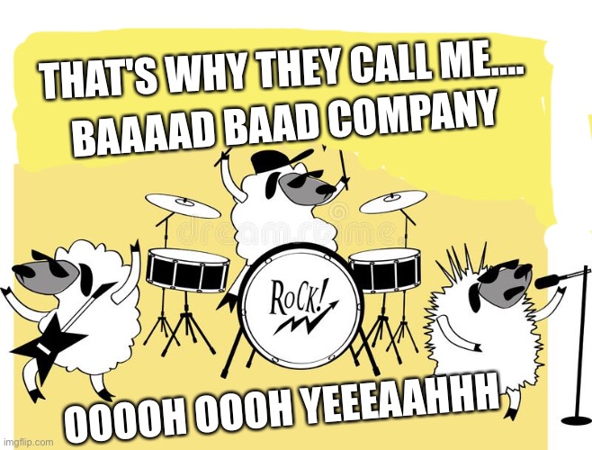 Bad Company | THAT'S WHY THEY CALL ME.... BAAAAD BAAD COMPANY; OOOOH OOOH YEEEAAHHH | image tagged in sheep,rock and roll,puns,funny memes | made w/ Imgflip meme maker