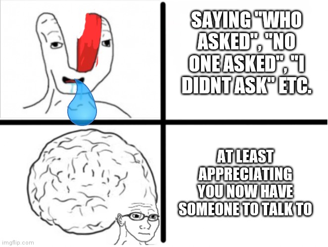People who say "who asked" have no brain at all | SAYING "WHO ASKED", "NO ONE ASKED", "I DIDNT ASK" ETC. AT LEAST APPRECIATING YOU NOW HAVE SOMEONE TO TALK TO | image tagged in small brain big brain drake,who asked,the rock it doesnt matter | made w/ Imgflip meme maker