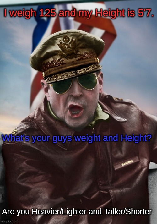 I weigh 125 and my Height is 5'7. What's your guys weight and Height? Are you Heavier/Lighter and Taller/Shorter | image tagged in napoleon's macarthur temp | made w/ Imgflip meme maker