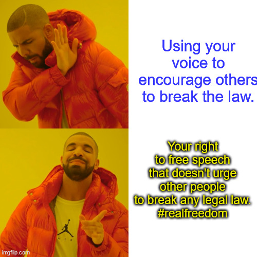 Drake Hotline Bling | Using your voice to encourage others to break the law. Your right to free speech that doesn't urge other people to break any legal law.
#realfreedom | image tagged in memes,drake hotline bling | made w/ Imgflip meme maker