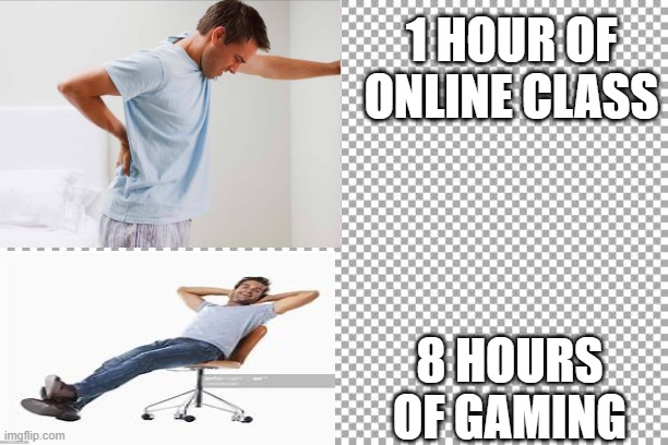 1 HOUR OF ONLINE CLASS; 8 HOURS OF GAMING | image tagged in pc gaming,online class | made w/ Imgflip meme maker