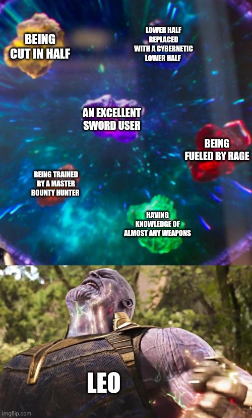 Leo is driven by rage and to get his revenge on Templar and Ren | BEING CUT IN HALF; LOWER HALF REPLACED WITH A CYBERNETIC LOWER HALF; AN EXCELLENT SWORD USER; BEING FUELED BY RAGE; BEING TRAINED BY A MASTER BOUNTY HUNTER; HAVING KNOWLEDGE OF ALMOST ANY WEAPONS; LEO | image tagged in thanos infinity stones | made w/ Imgflip meme maker