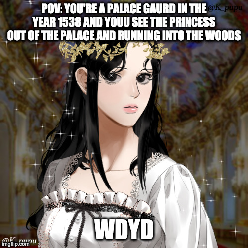 op oc's allowed | POV: YOU'RE A PALACE GAURD IN THE YEAR 1538 AND YOUU SEE THE PRINCESS OUT OF THE PALACE AND RUNNING INTO THE WOODS; WDYD | image tagged in roleplaying | made w/ Imgflip meme maker