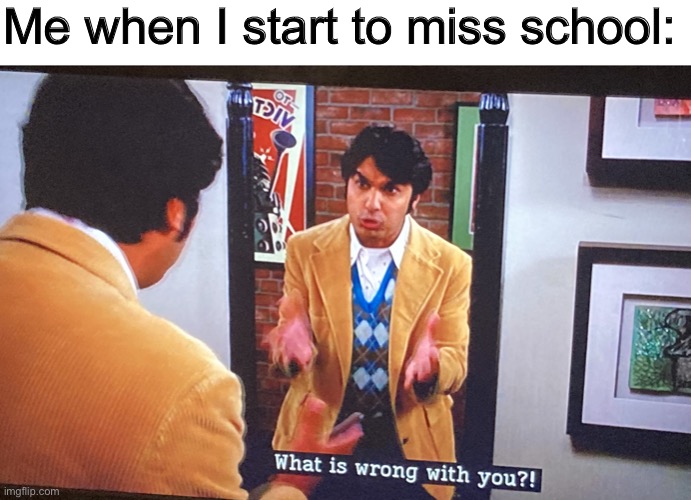 I only miss the social interaction | Me when I start to miss school: | image tagged in what is wrong with you | made w/ Imgflip meme maker