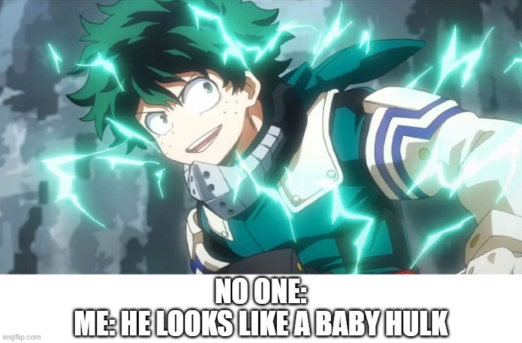 If you watch MHA you'll get this. He's green and smashes stuff. | NO ONE:
ME: HE LOOKS LIKE A BABY HULK | made w/ Imgflip meme maker