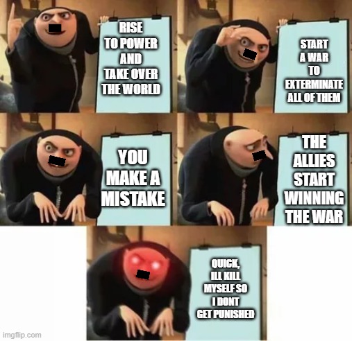 Adolfs Great Plan | START A WAR TO EXTERMINATE ALL OF THEM; RISE TO POWER AND TAKE OVER THE WORLD; THE ALLIES START WINNING THE WAR; YOU MAKE A MISTAKE; QUICK, ILL KILL MYSELF SO I DONT GET PUNISHED | image tagged in gru's plan red eyes edition,ww2 meme,hitler meme | made w/ Imgflip meme maker