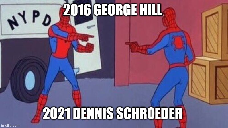 spiderman accusing | 2016 GEORGE HILL; 2021 DENNIS SCHROEDER | image tagged in spiderman accusing,UtahJazz | made w/ Imgflip meme maker