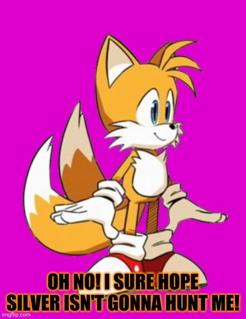 tails | OH NO! I SURE HOPE SILVER ISN'T GONNA HUNT ME! | image tagged in tails | made w/ Imgflip meme maker